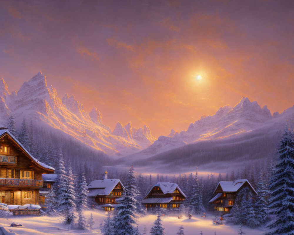 Snow-covered cabins, trees, and mountains in winter dusk scene