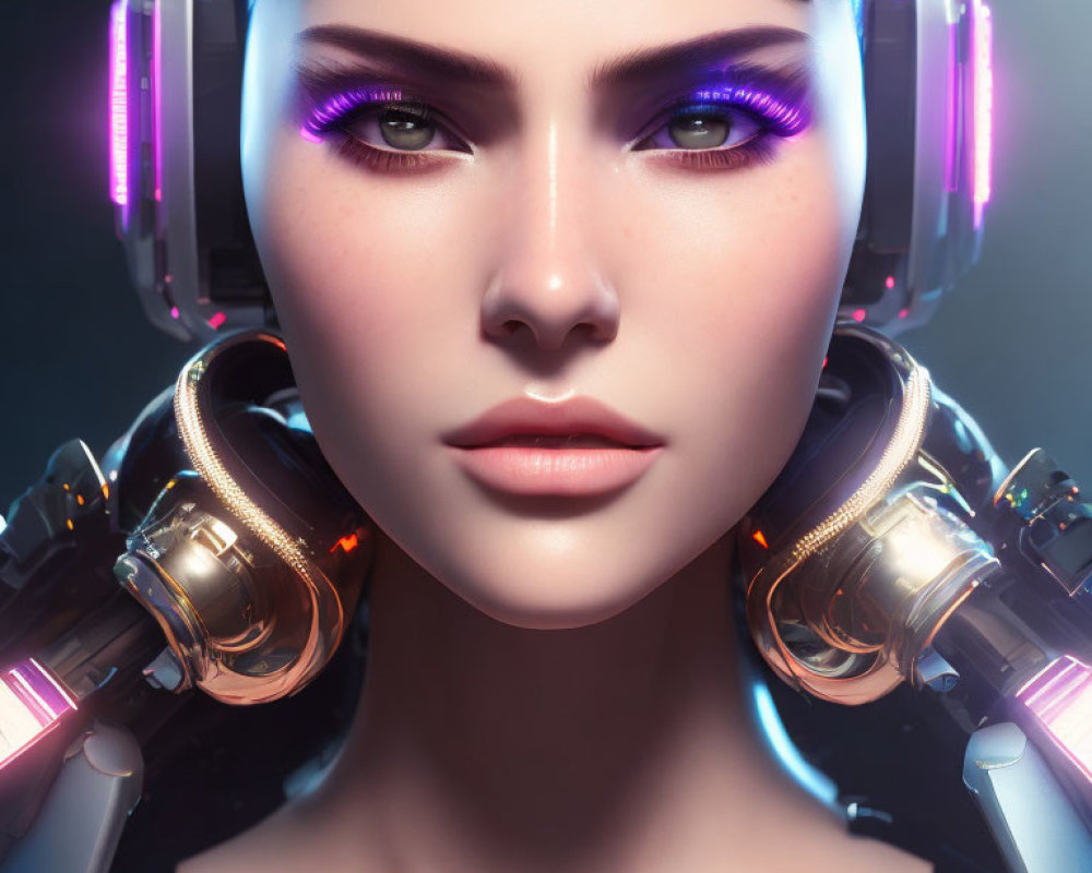 Futuristic female android with purple eye makeup and advanced headphones on dark background