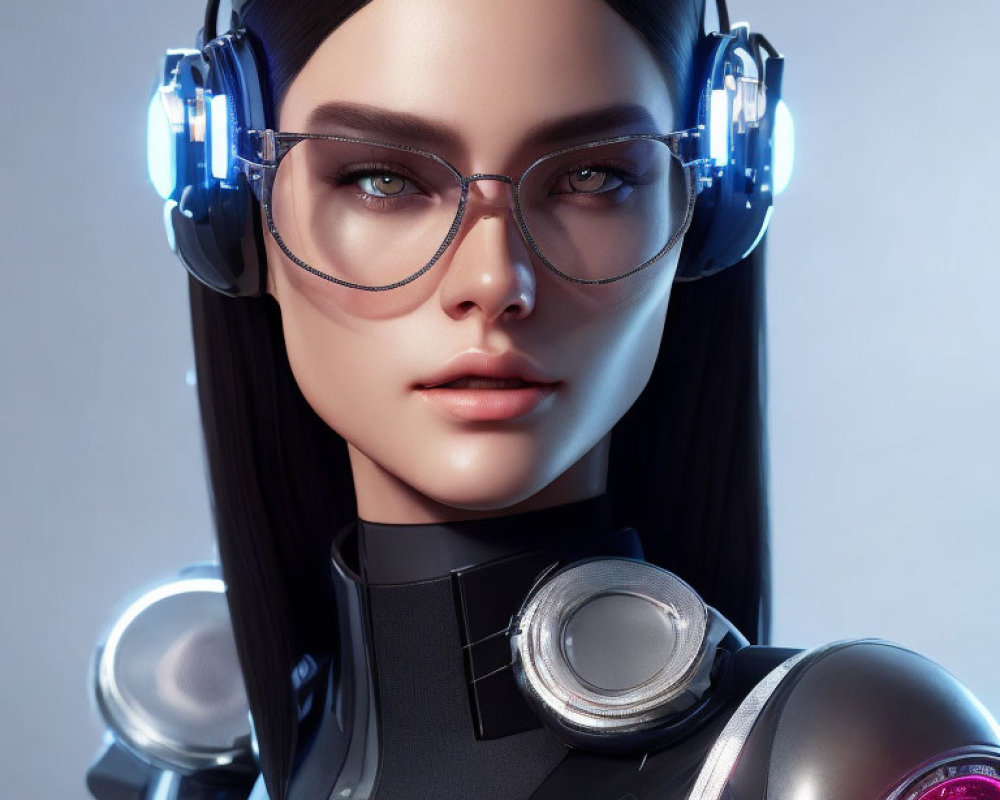 Digital Artwork: Female Character with Black Hair, Modern Glasses, Advanced Headphones, Futuristic Coll