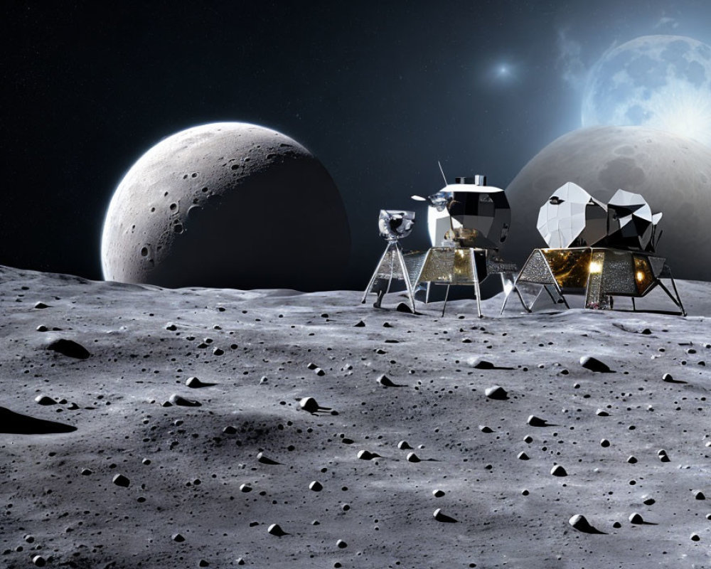Lunar landscape with lander, rover, and Earth under starry sky