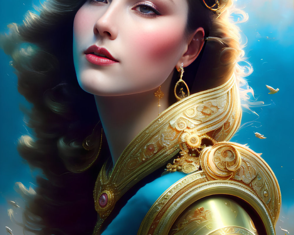 Digital Artwork: Woman in Golden Armor with Brunette Hair on Blue Background
