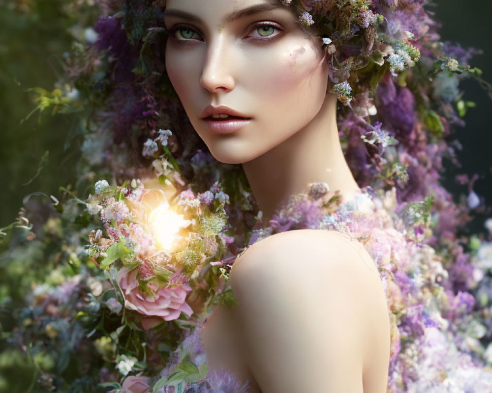 Person adorned with floral head and shoulder accessories in ethereal glow.