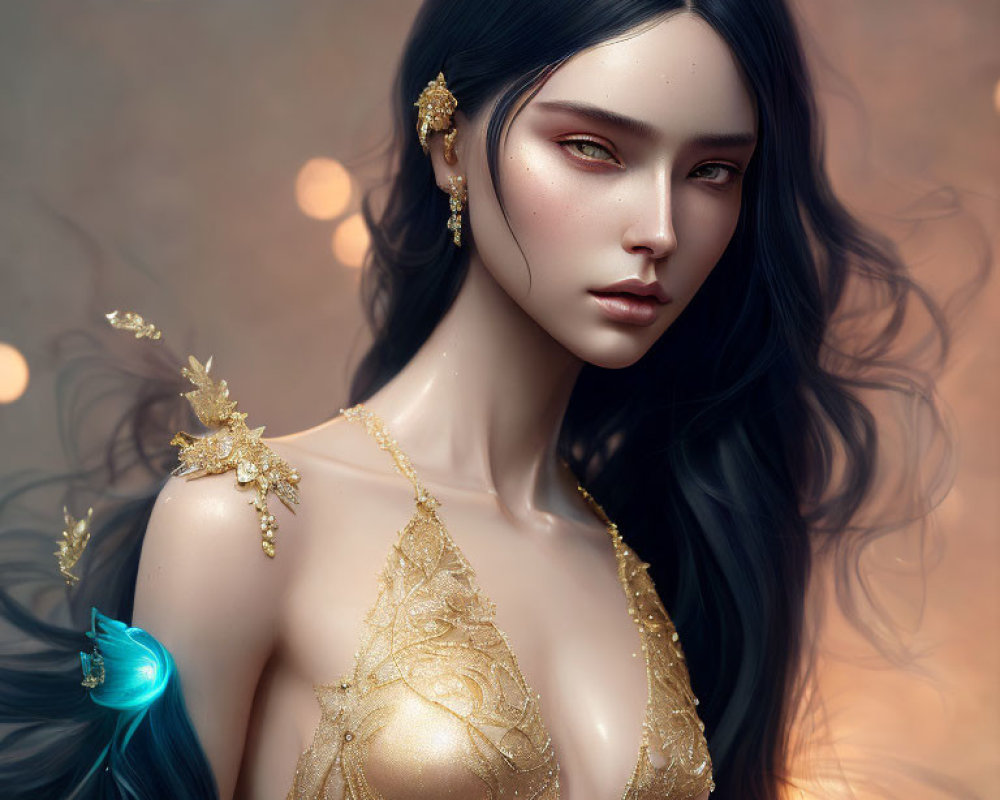 Fantasy portrait: Woman with dark hair, ethereal complexion, golden jewelry, and blue glowing creature