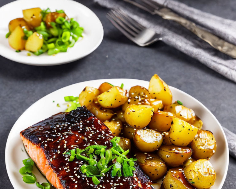 Grilled Salmon with Glaze and Roasted Potatoes Plate