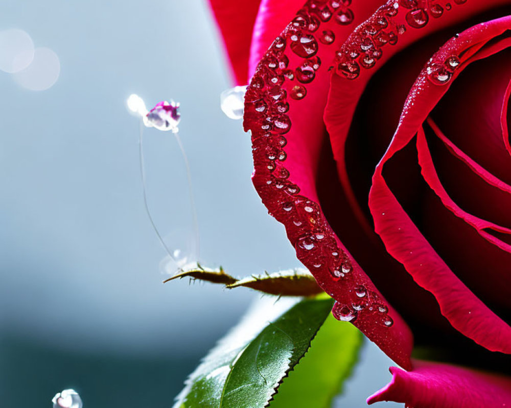 Close-up of red rose with dewdrops and water droplet on spider's web