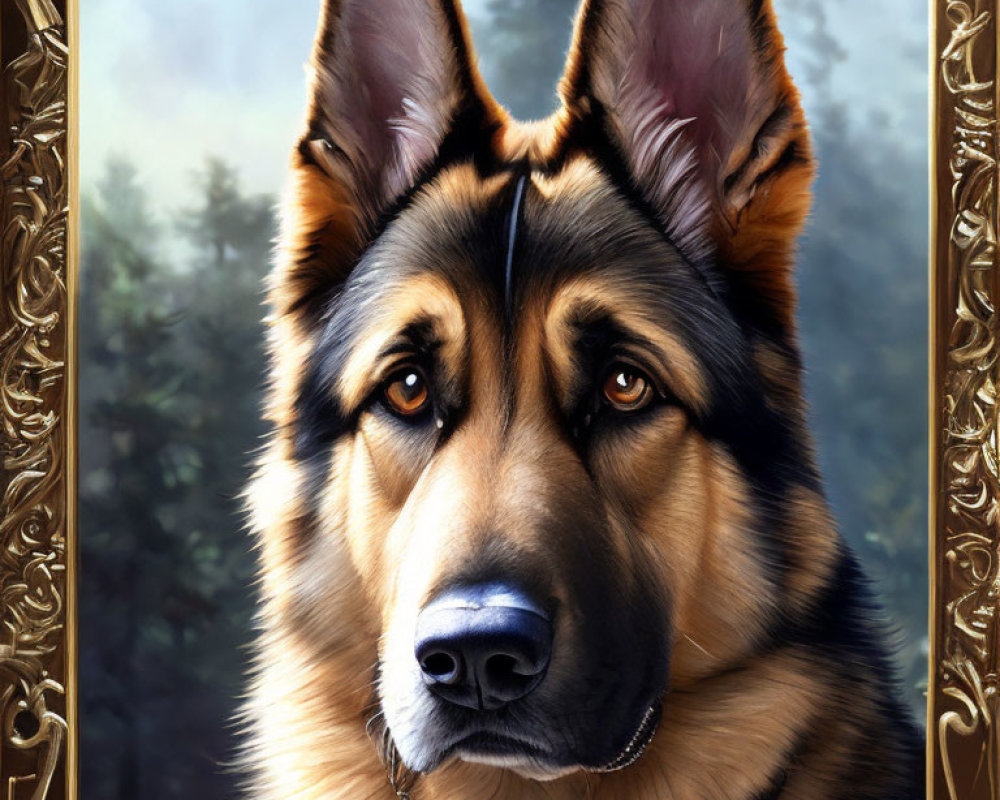 Close-Up Digital Portrait of Alert German Shepherd Against Forest Backdrop