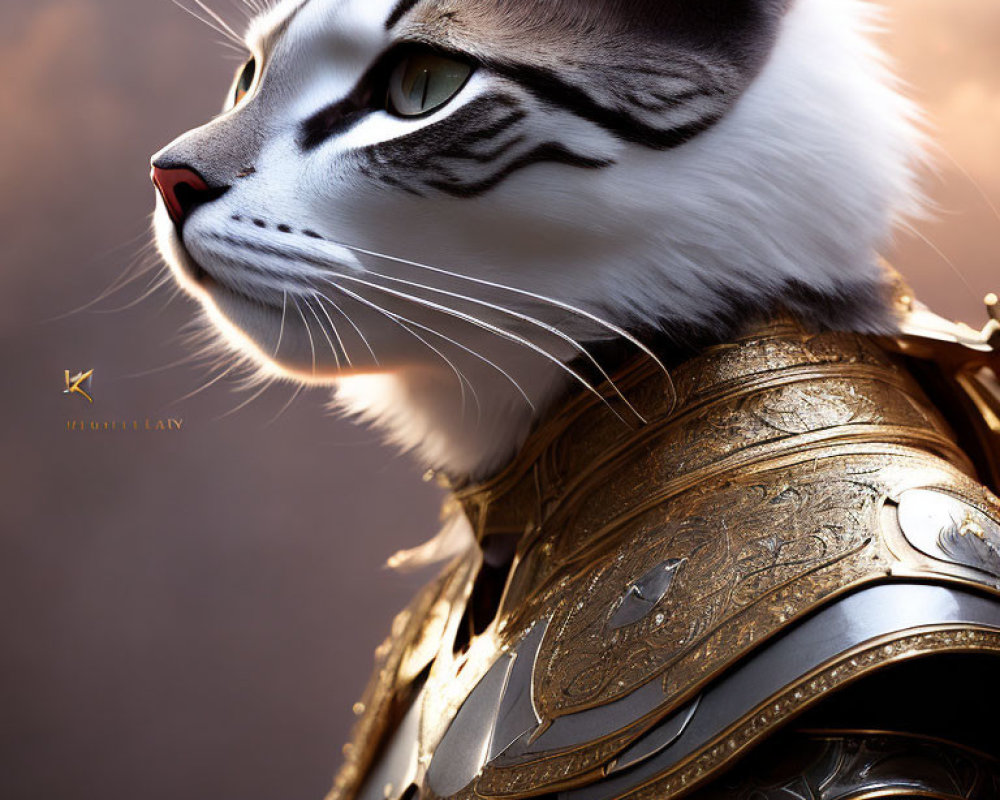 Profile of majestic cat in golden armor against soft-focus background