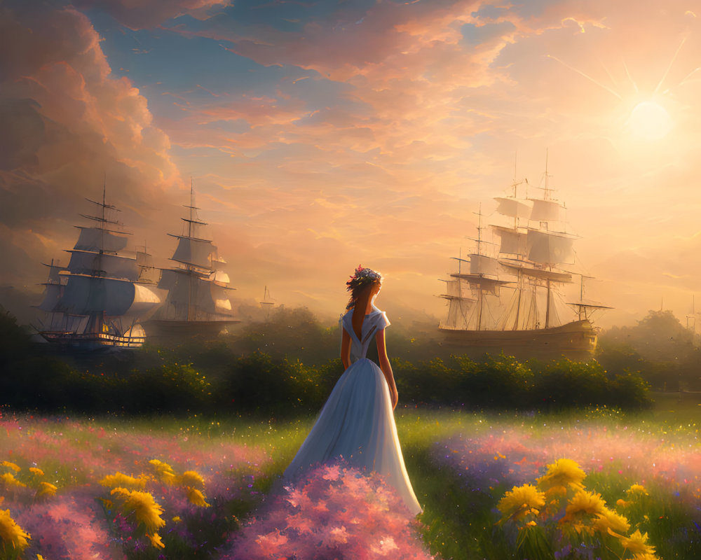 Woman in white dress in vibrant flower field at sunset with tall ships and dramatic sky.