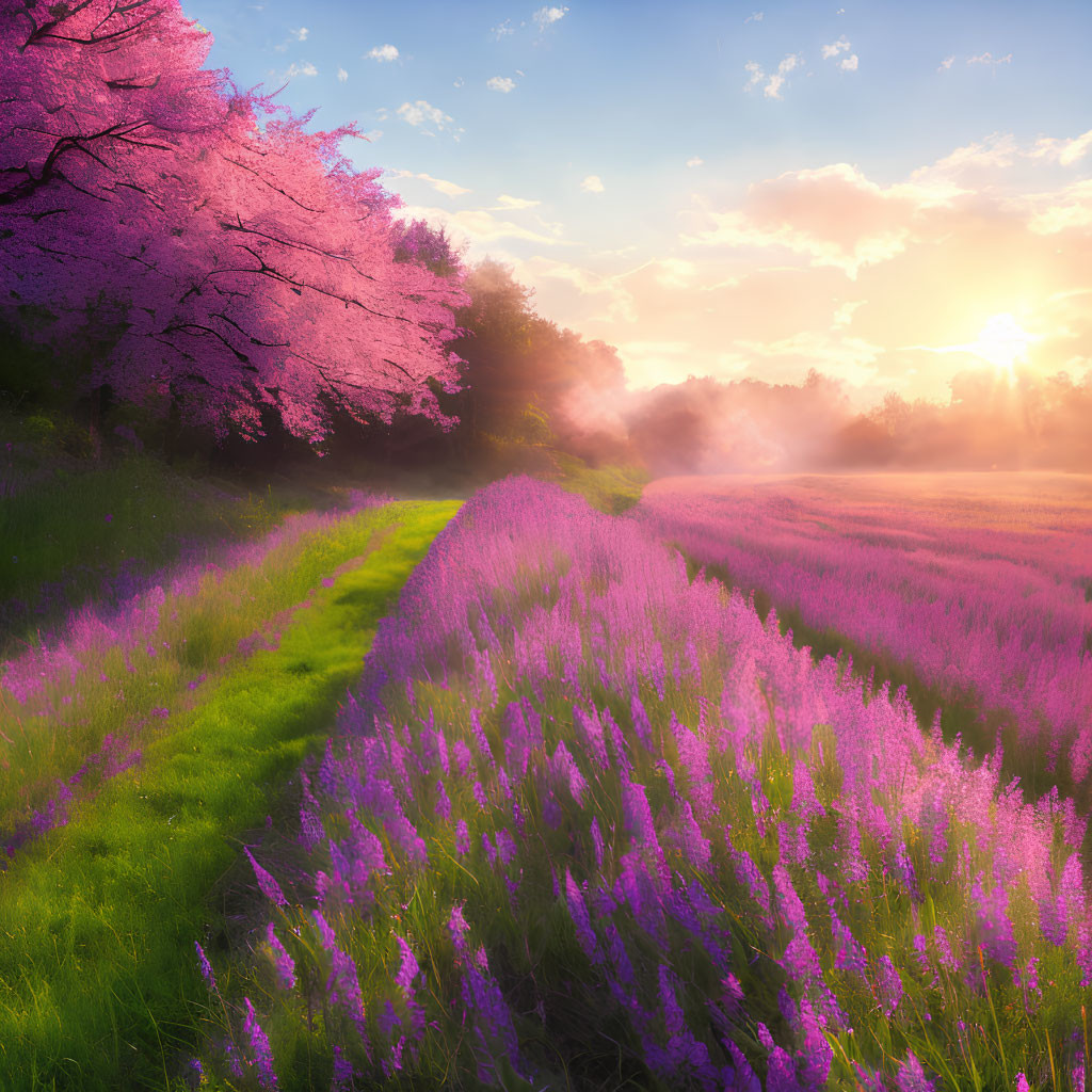 Serene landscape with pink cherry blossom tree and purple flowers
