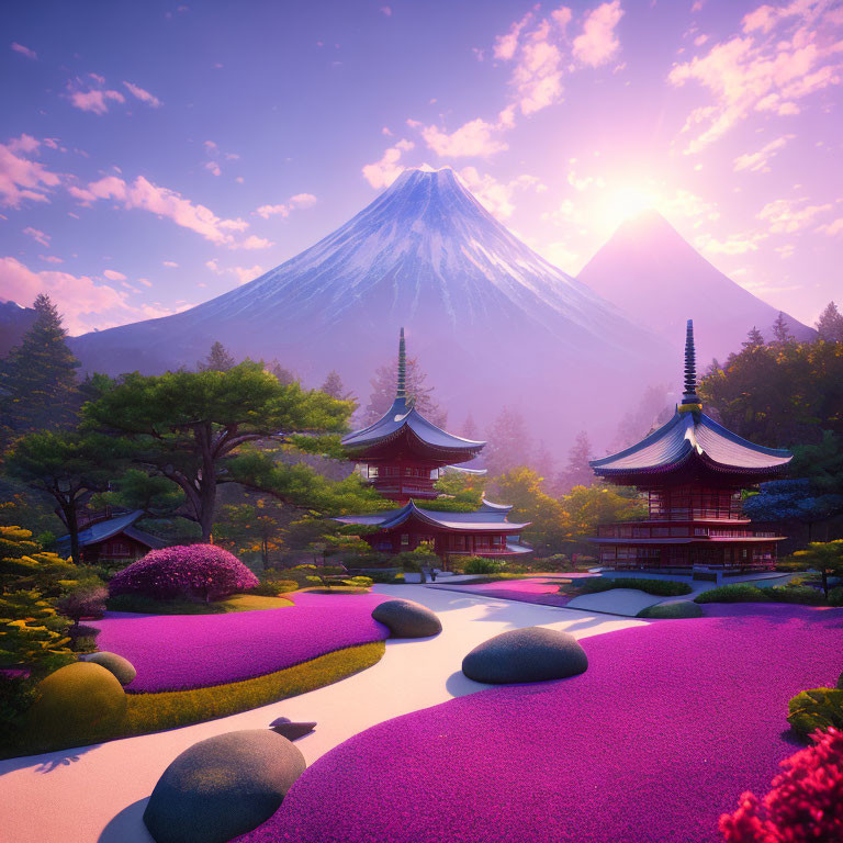 Traditional Pagodas, Purple Flower Field, Stone Path, Mount Fuji at Sunrise