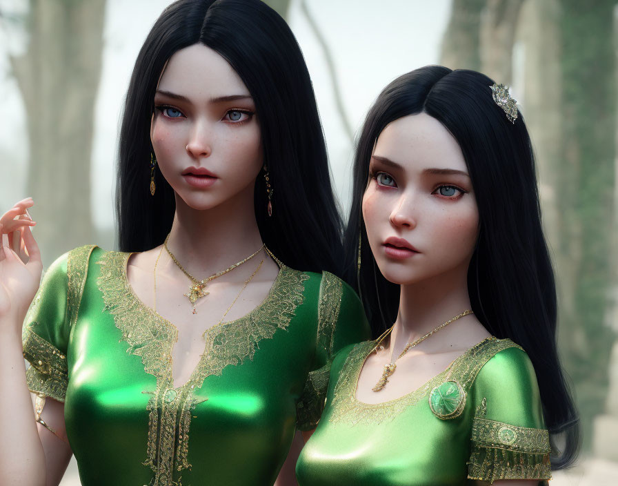 Two women in green dresses with gold detailing and dark hair, standing together.
