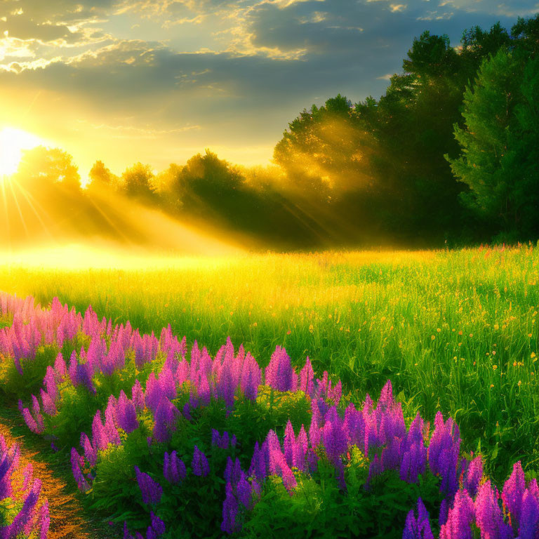 Beautiful sunrise over purple flower field and trees with mist