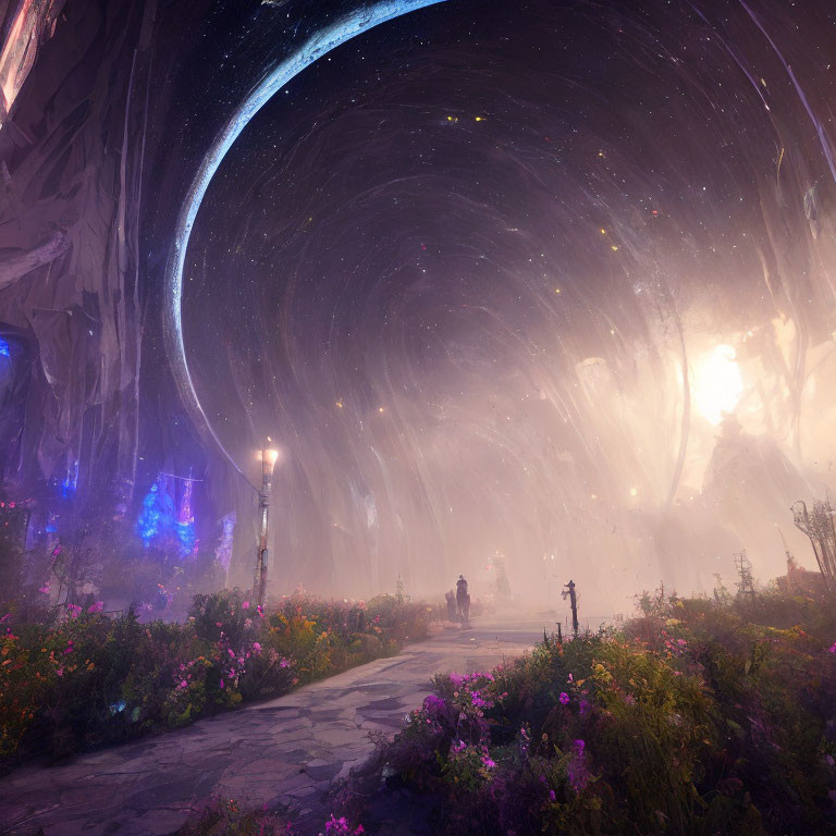 Fantastical landscape with flower-lined pathway and bright light under starry sky
