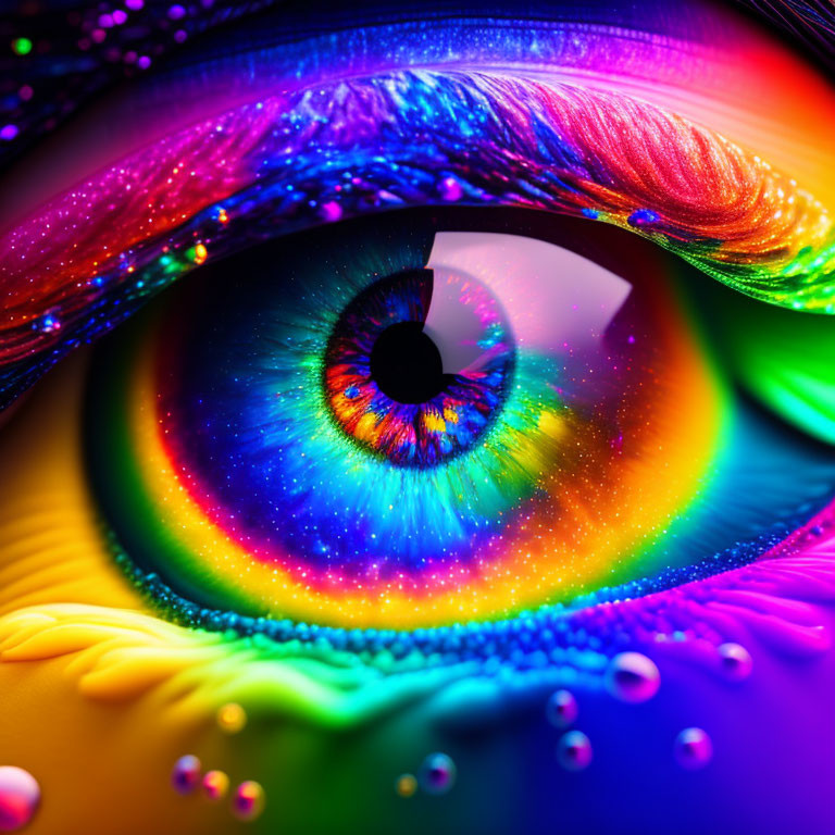 Close-up of highly saturated eye with rainbow iris, colorful feathers, and water droplets.