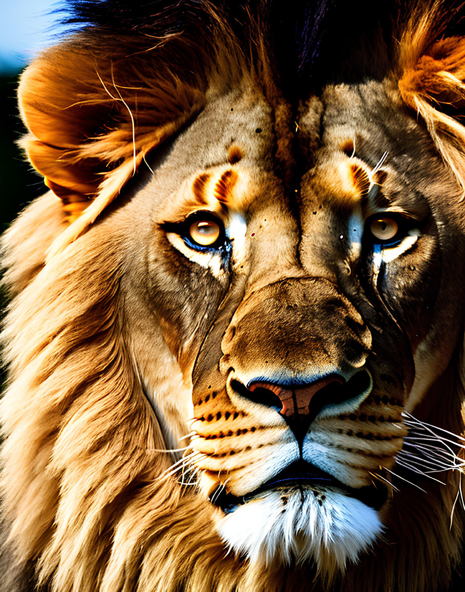 Detailed Lion Close-Up: Fur Texture, Piercing Eyes, Brown to Orange Mane