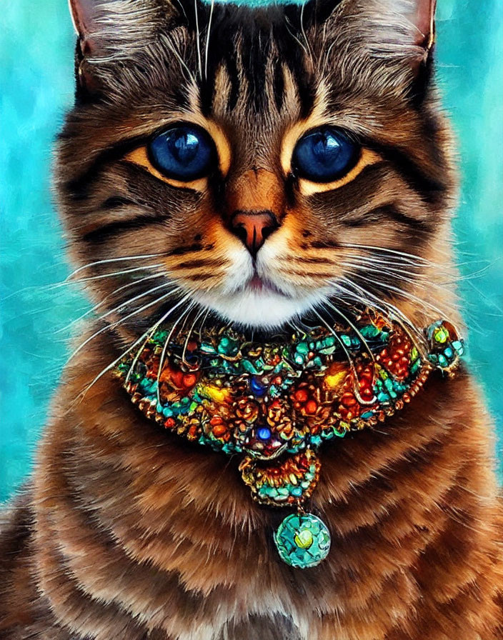 Colorful Close-Up of Cat with Striking Blue Eyes and Jeweled Collar on Teal Background