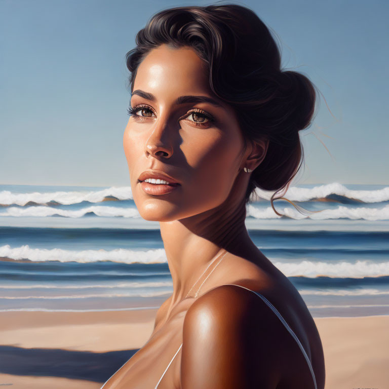 Woman with bun hairstyle gazing at beach waves