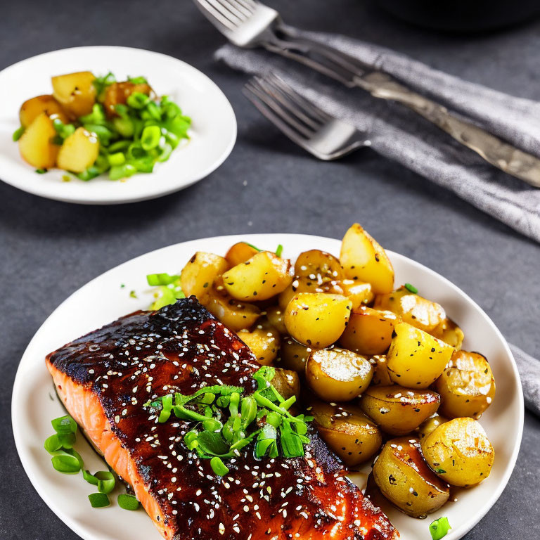 Grilled Salmon with Glaze and Roasted Potatoes Plate