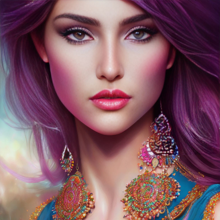 Vibrant digital portrait of a woman with violet hair and intricate gold embellishments
