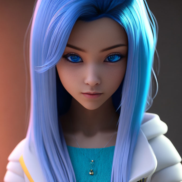 Bright Blue Hair and Striking Blue Eyes on 3D Animated Character