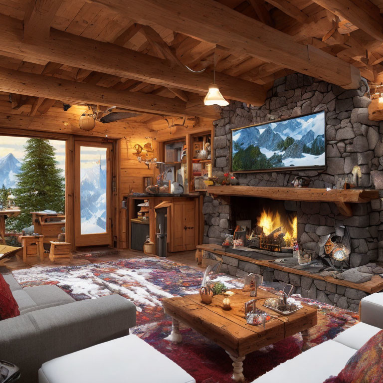 Rustic mountain cabin interior with fireplace and snowy mountain view