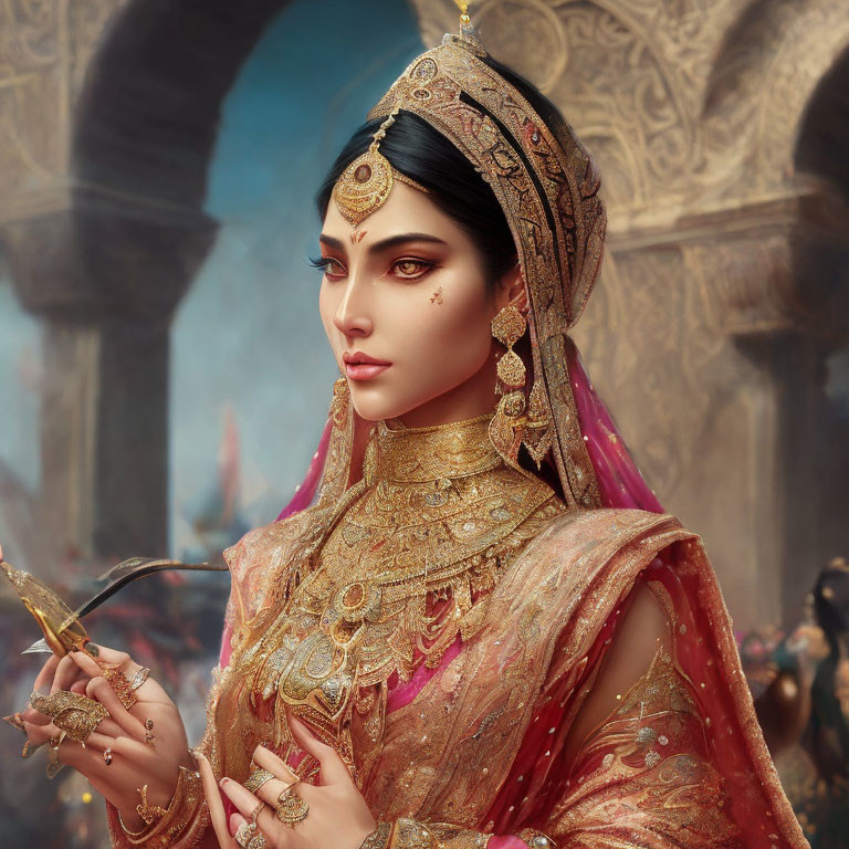 Regal woman in traditional attire with gold jewelry against architectural backdrop