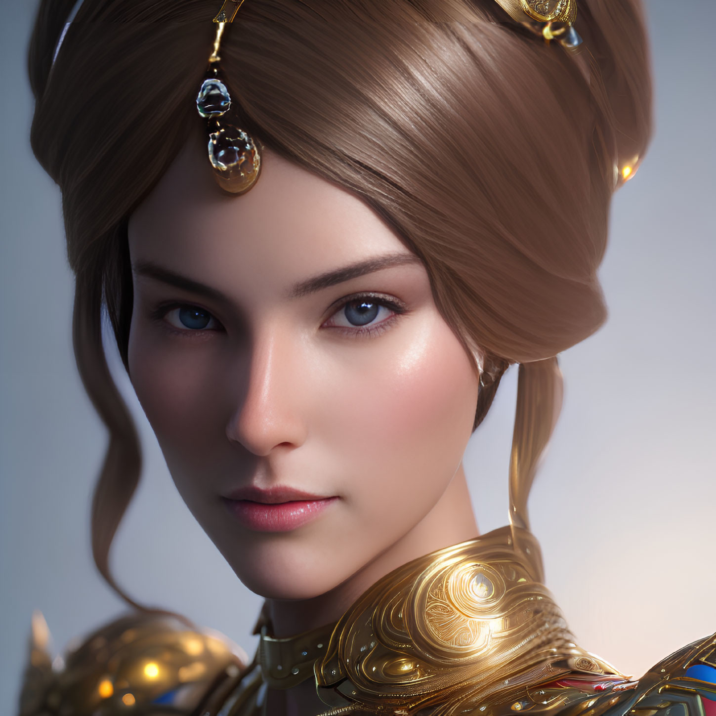 Detailed close-up of female character with brunette updo, blue eyes, gold jewelry, and intricate armor