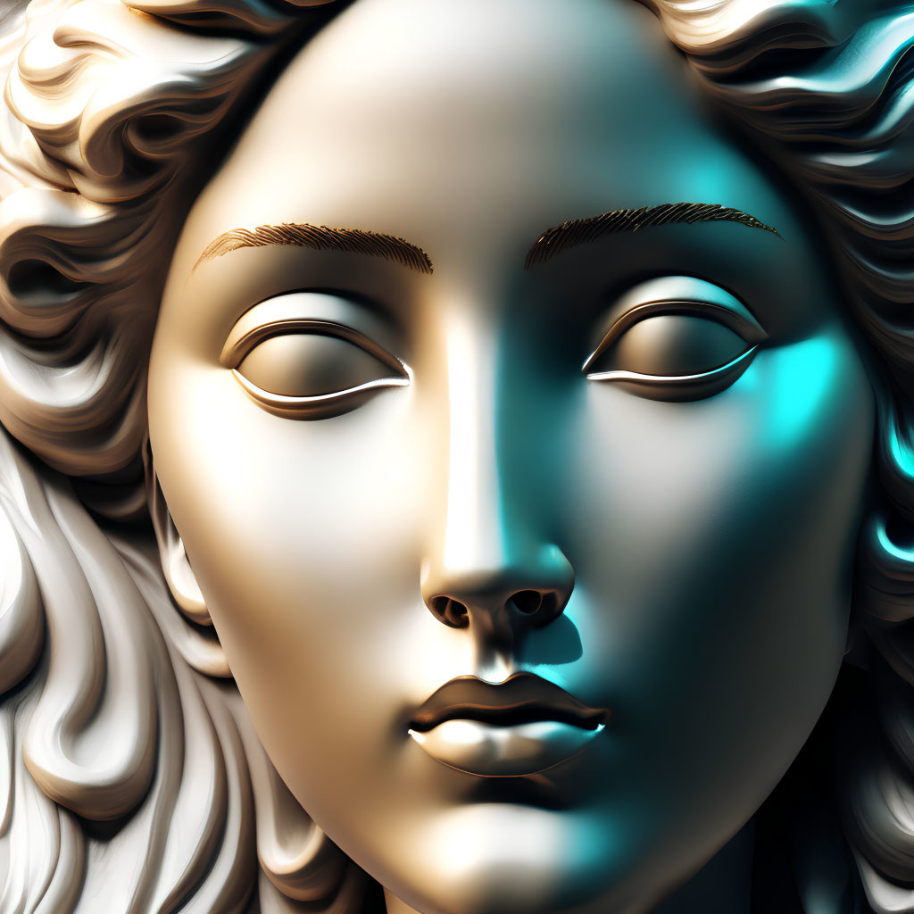 Detailed Golden Statue Face with Dramatic Blue Lighting