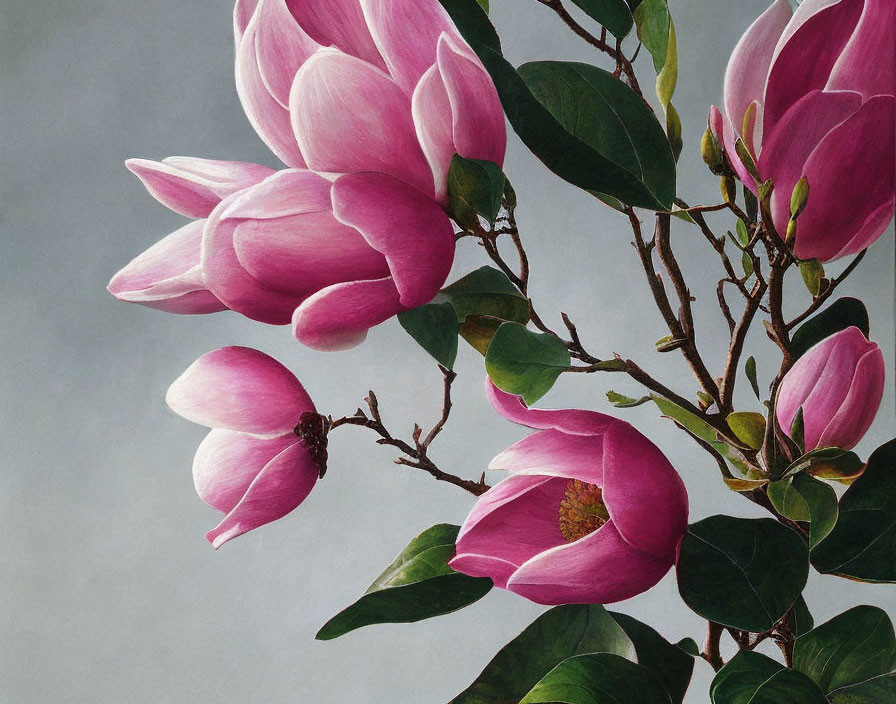 Pink Magnolia Flowers in Close-Up on Grey Background