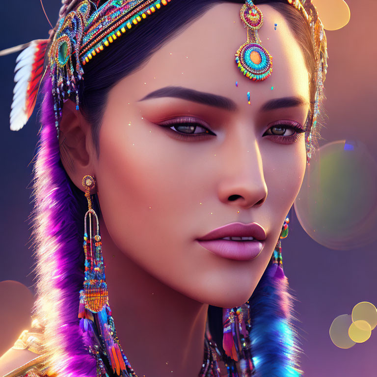 Traditional beaded headgear and jewelry on woman, vibrant colors and intricate designs.