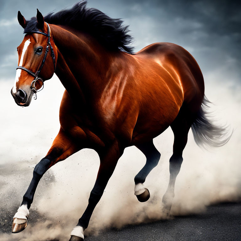 Majestic brown horse galloping under dramatic cloudy sky