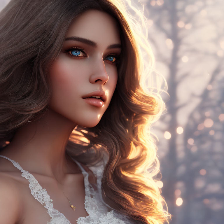 Digital portrait of woman with blue eyes and wavy hair in forest setting
