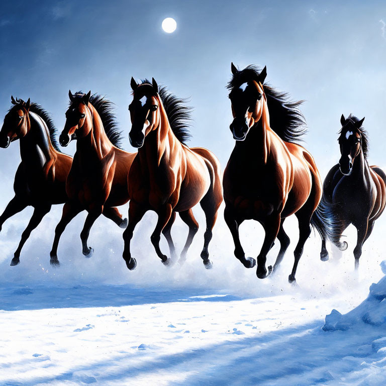 Group of Horses Galloping in Snowy Landscape