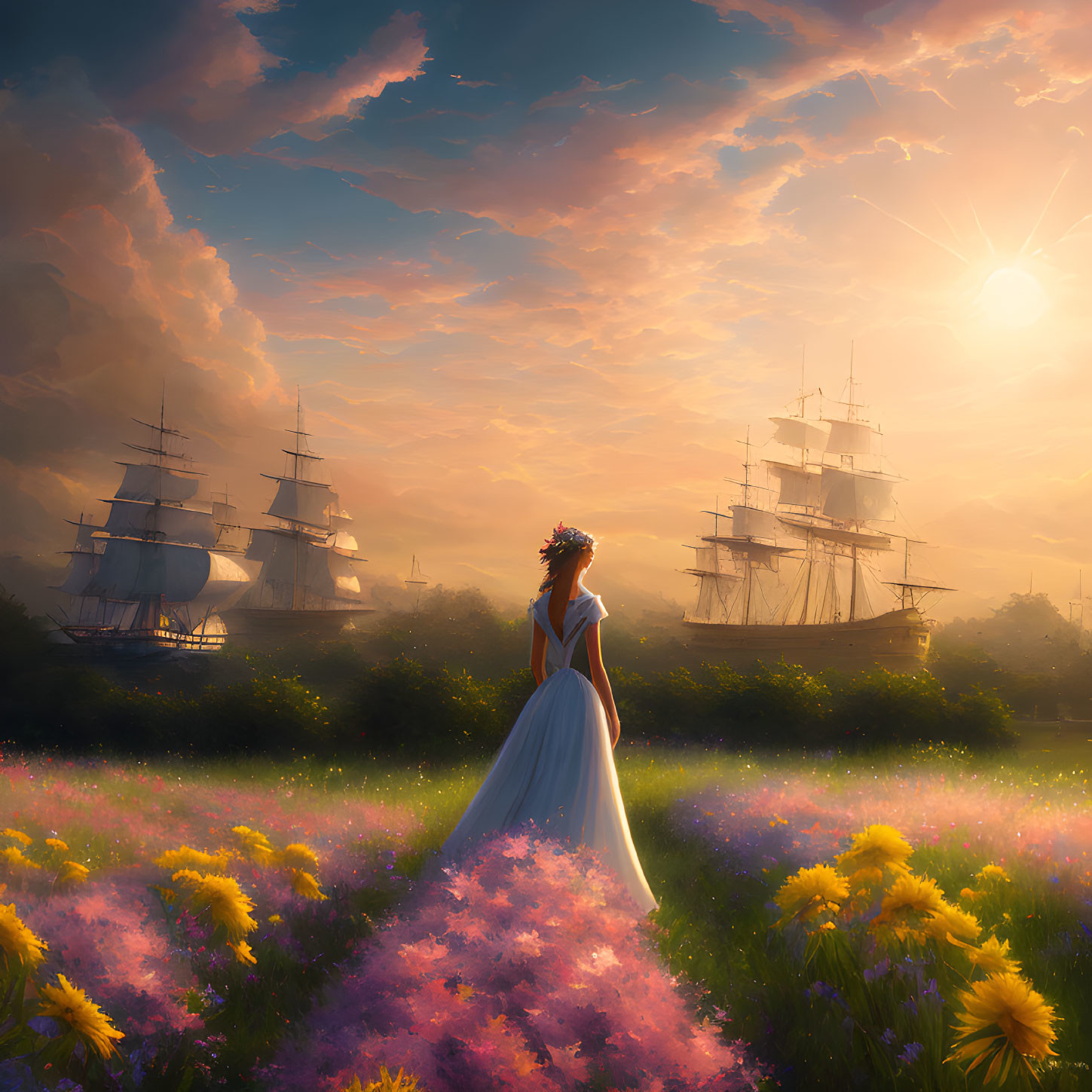Woman in white dress in vibrant flower field at sunset with tall ships and dramatic sky.