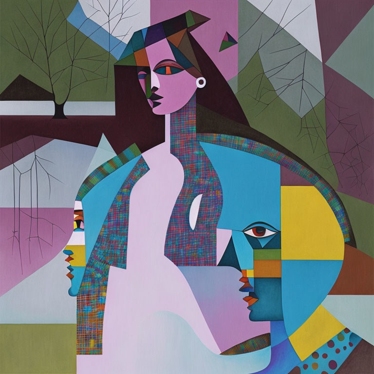 Abstract Cubist-Style Painting of Multicolored Human Figures