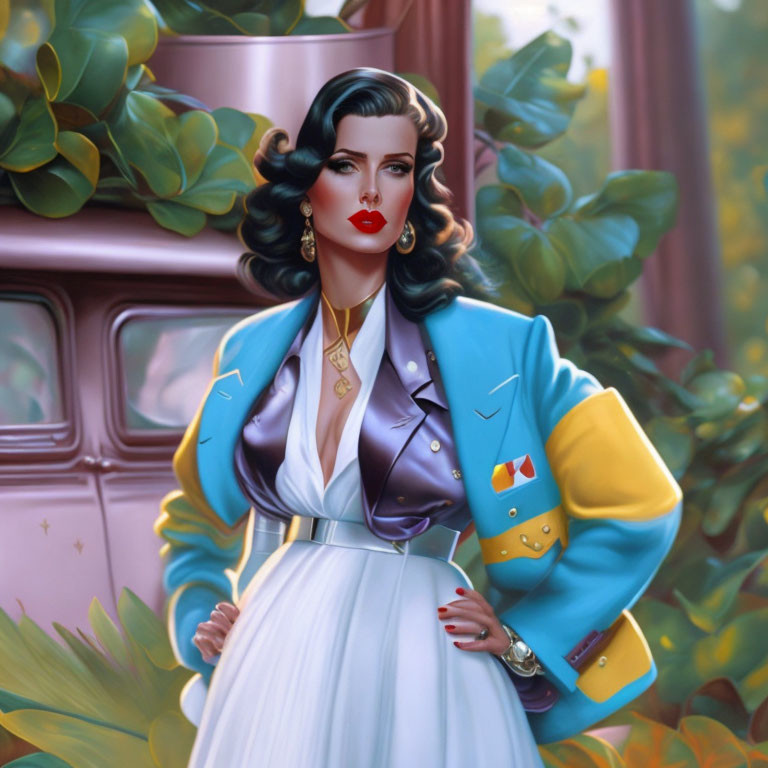 Illustrated Woman in Blue and Yellow Jacket with Classic Wave Hairstyle