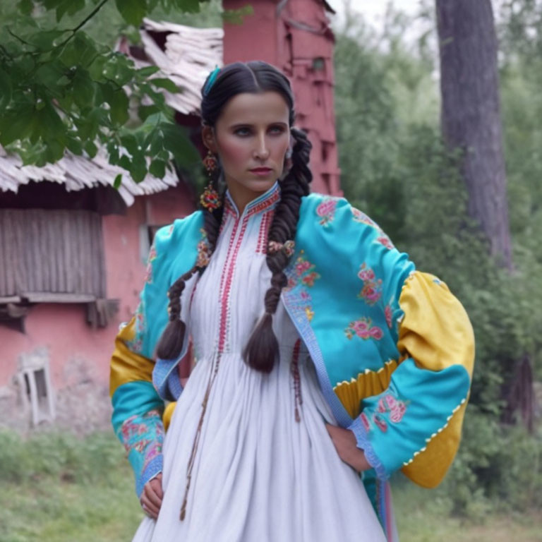 Traditional folk costume woman with embroidered details and braided hair outdoors.