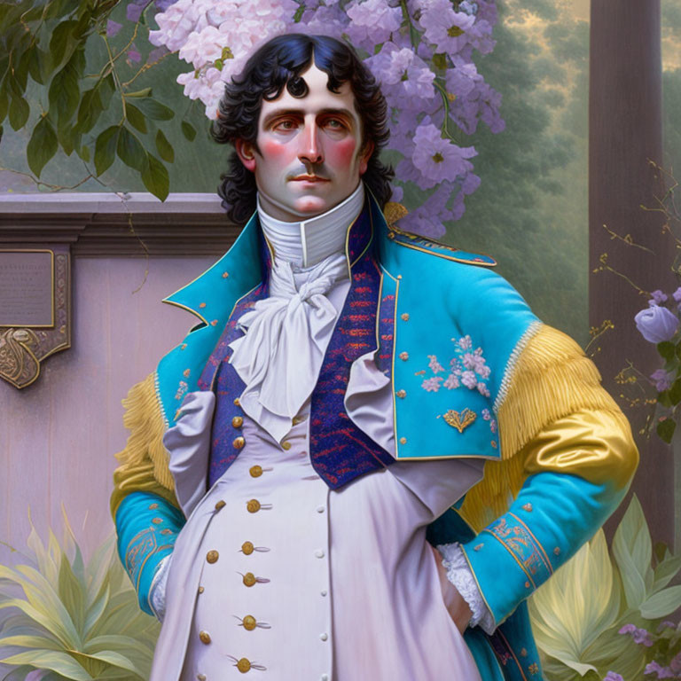 Detailed Painting of Man in Blue and Gold Military Uniform with Curly Hair