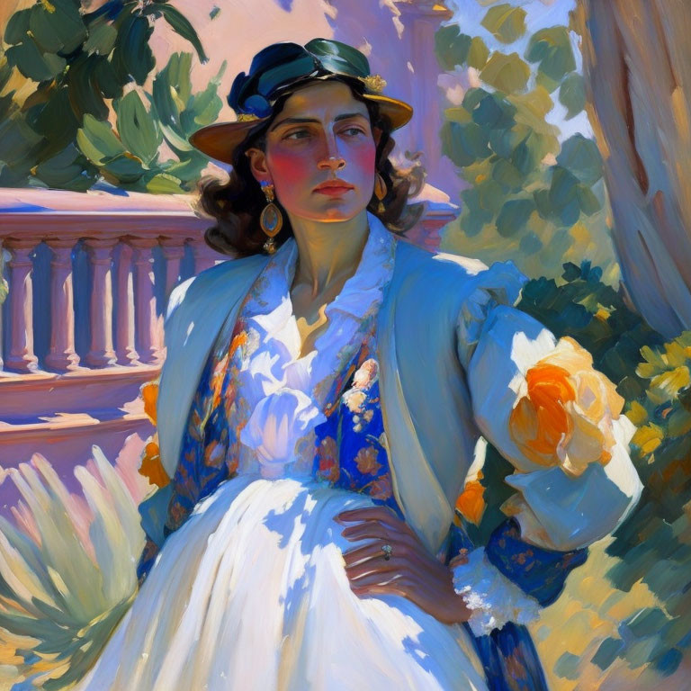 Vintage attire woman with wide-brimmed hat holding flower in sunlit garden
