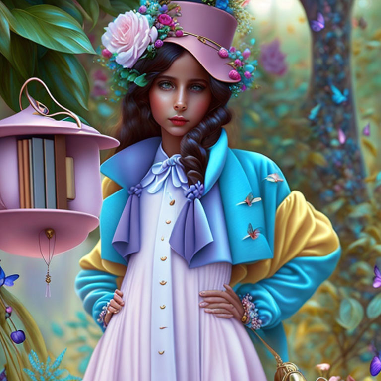 Digital artwork: Young woman in Victorian attire with birdcage, flowers, butterflies