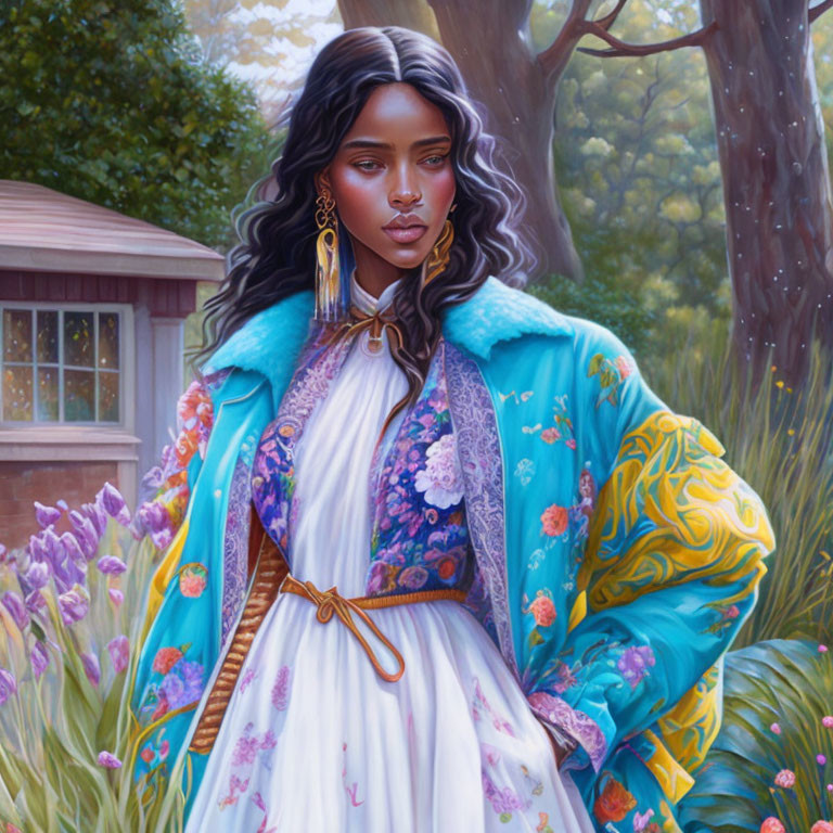 Digital painting: Woman in blue and gold coat against floral backdrop