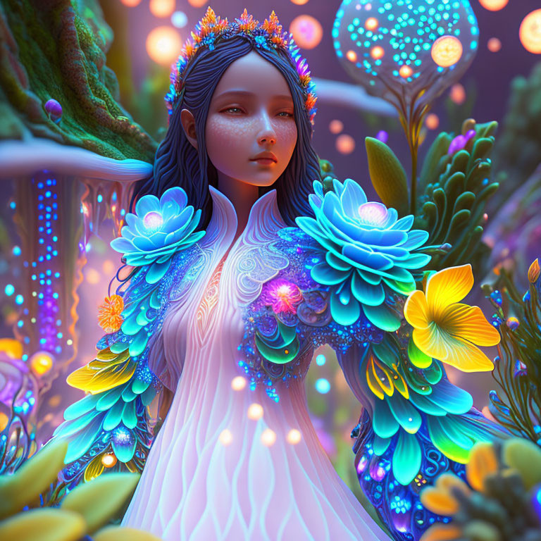 Fantastical image: Woman with luminescent flowers in magical forest