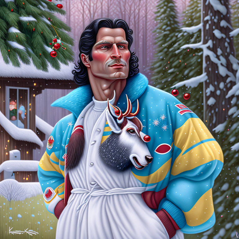 Man in Winter Jacket with Reindeer Motif in Snowy Christmas Scene