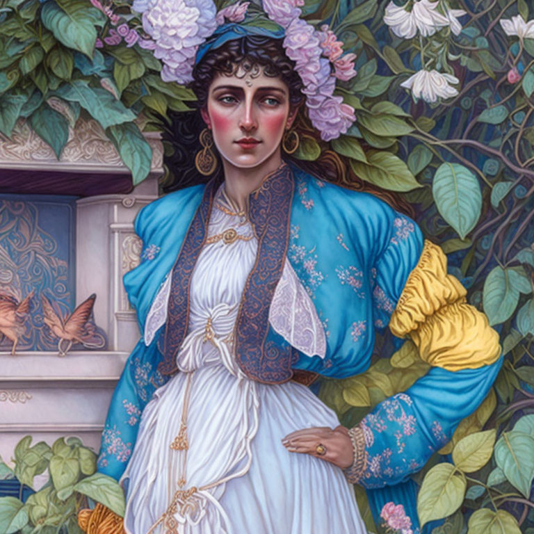 Detailed illustration of woman with dark curly hair in blue jacket and white dress, surrounded by flowers and butterflies