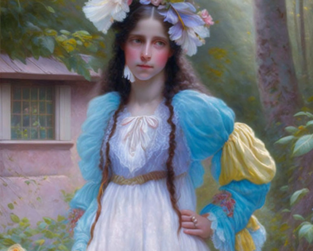 Young girl with braided hair in blue dress surrounded by flowers in forest setting