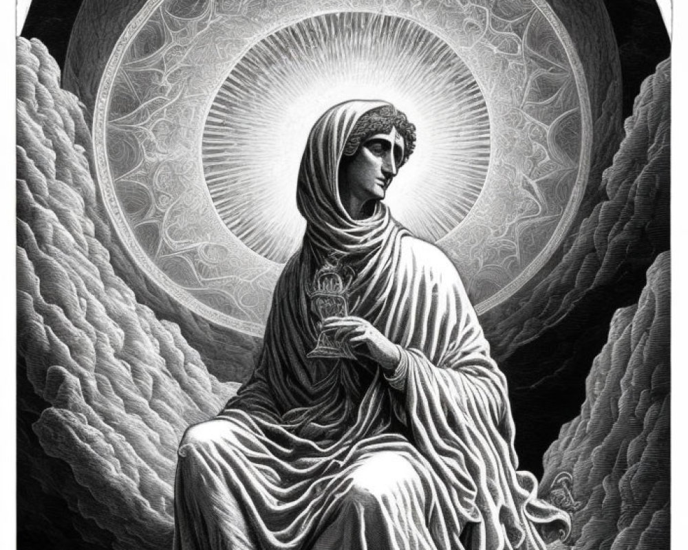 Monochromatic illustration of robed figure with chalice under radiant halo.