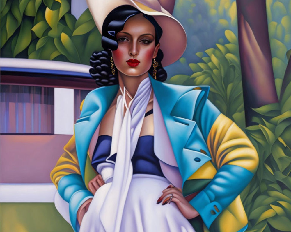Stylized portrait of woman with white hat and blue jacket against green foliage