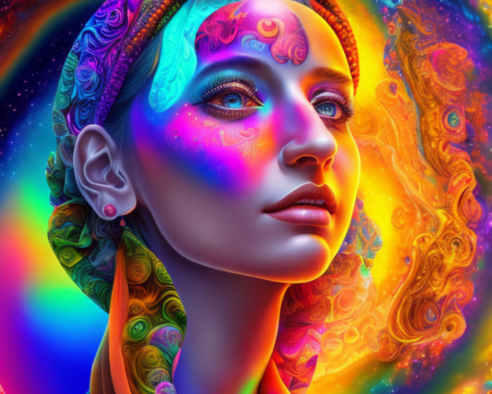 Colorful digital portrait of a woman merging with cosmic space nebula.