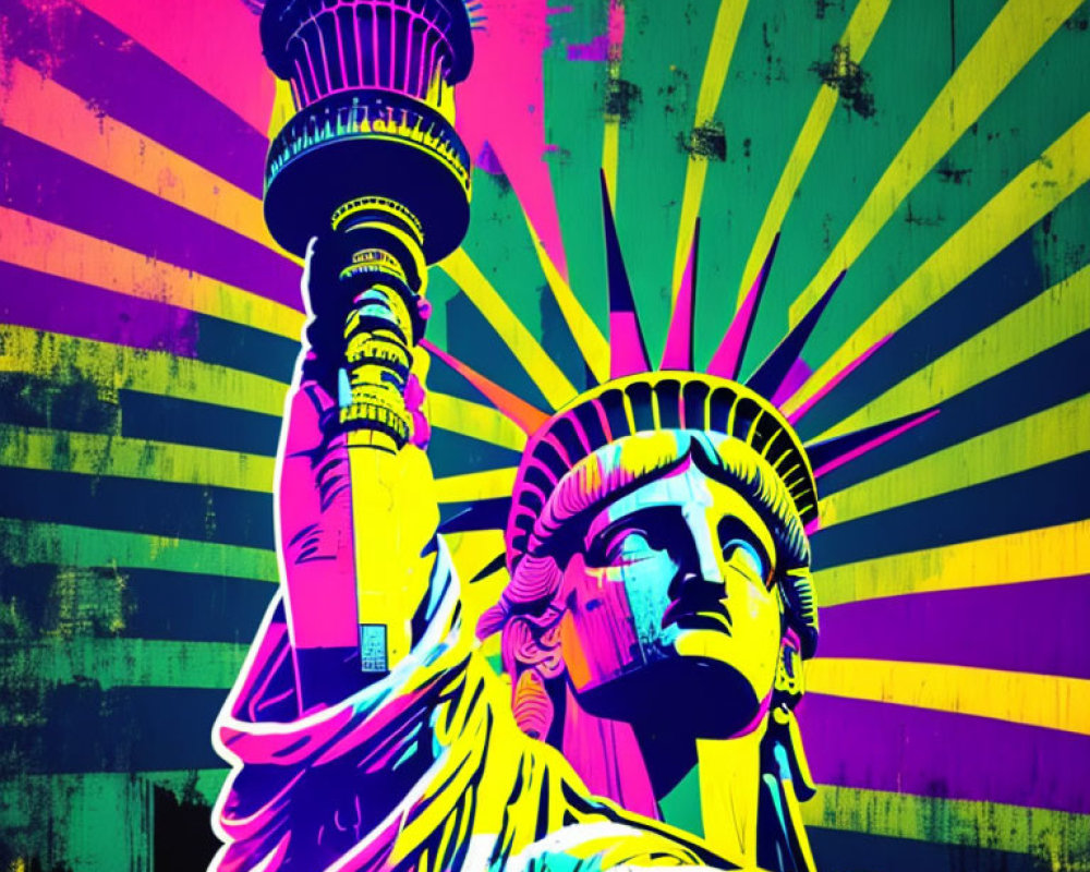 Colorful Pop Art Style Statue of Liberty Illustration on Striped Background