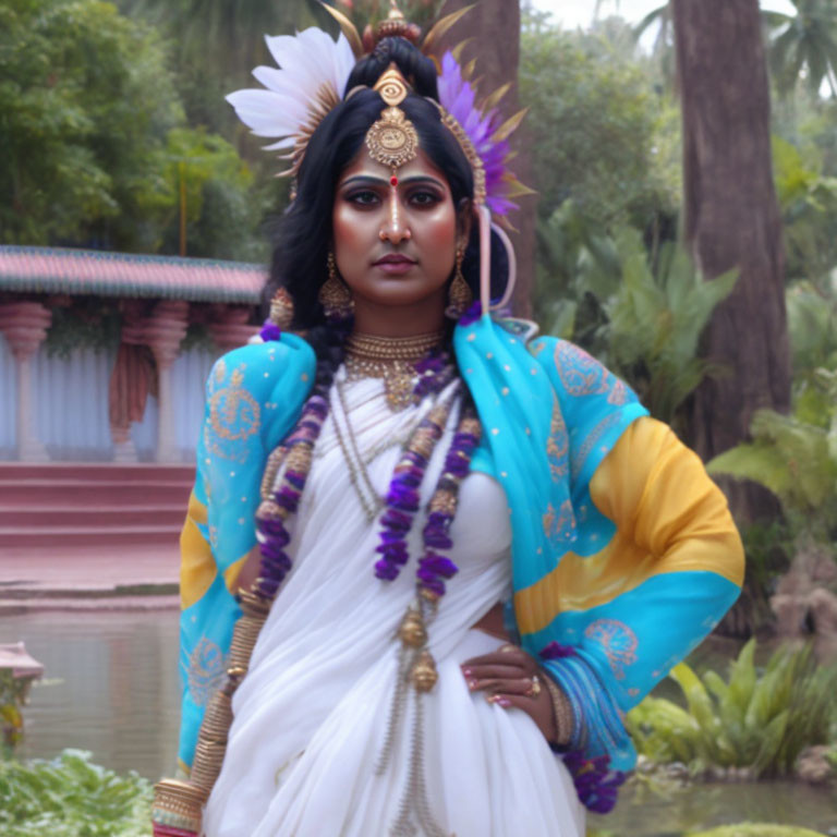 Elaborate Traditional Indian Attire with Peacock Feathers